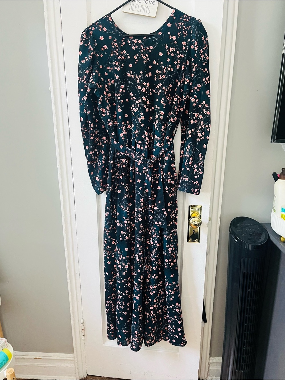 Long Sleeve Black Floral Maxi Dress with Pink Blossoms